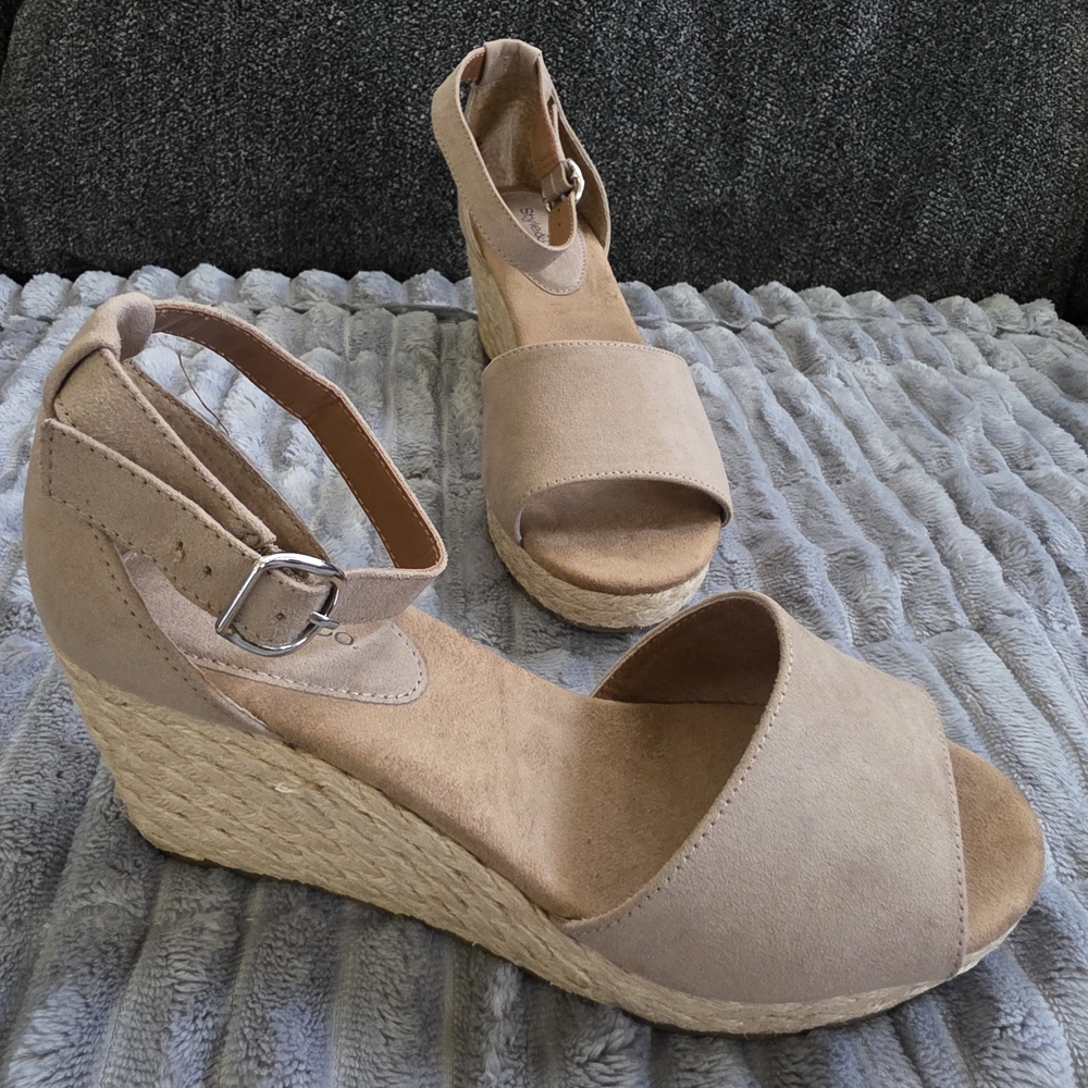 Neutral Suede Espadrille Wedge Sandals with Ankle Strap
